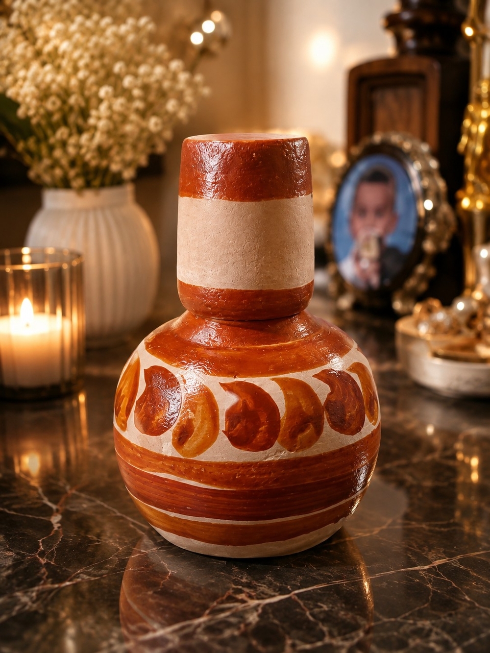 Handcrafted 5.5 In Tall Orange & Cream Decorative Water Jug Made In Mexico